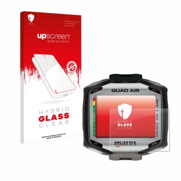 Vorderseite einer Produktverpackung mit dem Markenlogo upscreen. Daneben ist das Gerät Mares Quad Air mit dem zugehörigen Disp