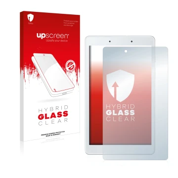 Vorderseite einer Produktverpackung mit dem Markenlogo upscreen. Daneben ist das Gerät Samsung Galaxy Tab A 8.0 WiFi 2019 mit 