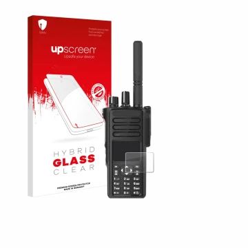 Vorderseite einer Produktverpackung mit dem Markenlogo upscreen. Daneben ist das Gerät Motorola DP4801e mit dem zugehörigen Di