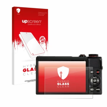 Vorderseite einer Produktverpackung mit dem Markenlogo upscreen. Daneben ist das Gerät Canon PowerShot G7 X Mark III mit dem z