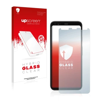 Vorderseite einer Produktverpackung mit dem Markenlogo upscreen. Daneben ist das Gerät Google Pixel 4 mit dem zugehörigen Disp