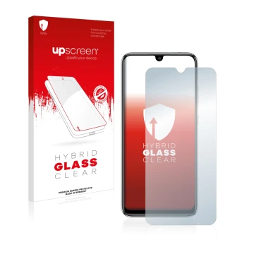 Vorderseite einer Produktverpackung mit dem Markenlogo upscreen. Daneben ist das Gerät Xiaomi Mi A3 mit dem zugehörigen Displa