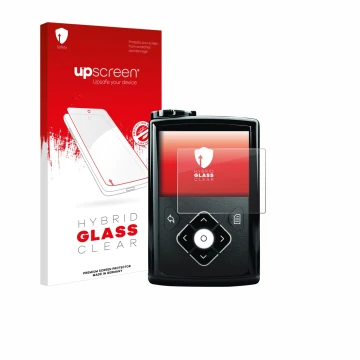 Vorderseite einer Produktverpackung mit dem Markenlogo upscreen. Daneben ist das Gerät Medtronic Minimed 640G mit dem zugehöri