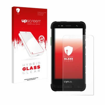 Vorderseite einer Produktverpackung mit dem Markenlogo upscreen. Daneben ist das Gerät Cyrus CS45 XA mit dem zugehörigen Displ