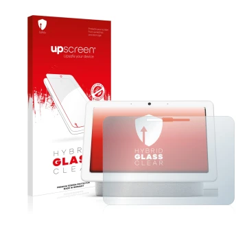 Vorderseite einer Produktverpackung mit dem Markenlogo upscreen. Daneben ist das Gerät Google Nest Hub Max mit dem zugehörigen