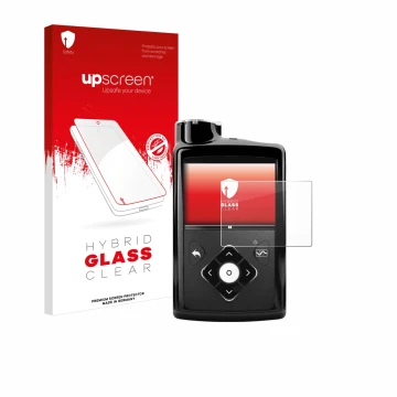 Vorderseite einer Produktverpackung mit dem Markenlogo upscreen. Daneben ist das Gerät Medtronic Minimed 670G mit dem zugehöri