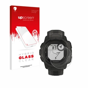 Vorderseite einer Produktverpackung mit dem Markenlogo upscreen. Daneben ist das Gerät Garmin Instinct Tactical Edition mit de
