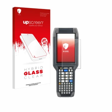 Vorderseite einer Produktverpackung mit dem Markenlogo upscreen. Daneben ist das Gerät Honeywell Dolphin CK65 mit dem zugehöri