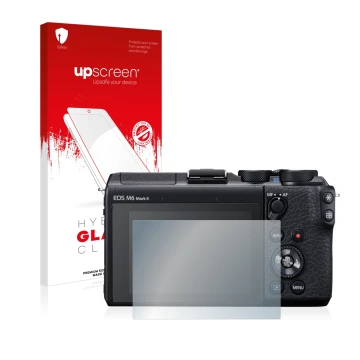 Vorderseite einer Produktverpackung mit dem Markenlogo upscreen. Daneben ist das Gerät Canon EOS M6 Mark II mit dem zugehörige