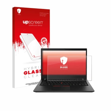 Vorderseite einer Produktverpackung mit dem Markenlogo upscreen. Daneben ist das Gerät Lenovo ThinkPad T490 Non-Touch mit dem 