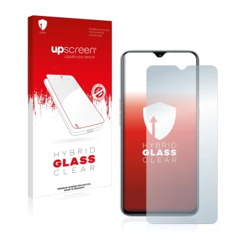 Vorderseite einer Produktverpackung mit dem Markenlogo upscreen. Daneben ist das Gerät realme XT mit dem zugehörigen Displaysc