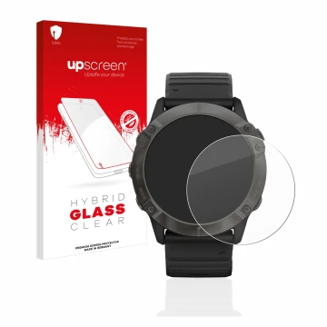 Vorderseite einer Produktverpackung mit dem Markenlogo upscreen. Daneben ist das Gerät Garmin Fenix 6X Pro mit dem zugehörigen