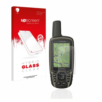 Vorderseite einer Produktverpackung mit dem Markenlogo upscreen. Daneben ist das Gerät Garmin GPSMAP 64sx mit dem zugehörigen 