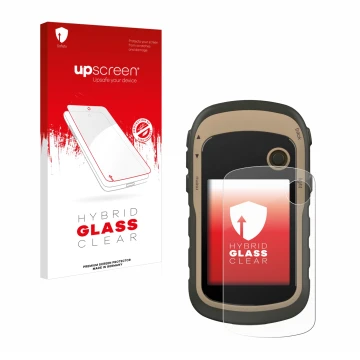 Vorderseite einer Produktverpackung mit dem Markenlogo upscreen. Daneben ist das Gerät Garmin eTrex 32x mit dem zugehörigen Di