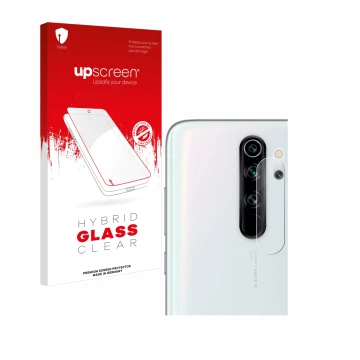 Vorderseite einer Produktverpackung mit dem Markenlogo upscreen. Daneben ist das Gerät Xiaomi Redmi Note 8 Pro (NUR Kameraschu