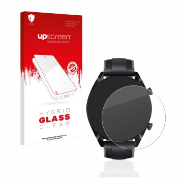 Vorderseite einer Produktverpackung mit dem Markenlogo upscreen. Daneben ist das Gerät Huawei Watch GT 2 (46 mm) mit dem zugeh