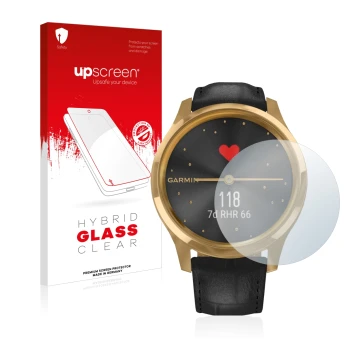 Vorderseite einer Produktverpackung mit dem Markenlogo upscreen. Daneben ist das Gerät Garmin vivomove Luxe (42 mm) mit dem zu