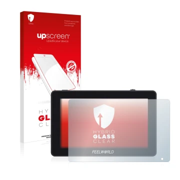 Vorderseite einer Produktverpackung mit dem Markenlogo upscreen. Daneben ist das Gerät Feelworld F6 Plus mit dem zugehörigen D