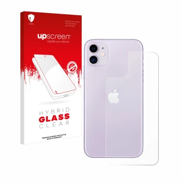 Vorderseite einer Produktverpackung mit dem Markenlogo upscreen. Daneben ist das Gerät Apple iPhone 11 (Rückseite) mit dem zug