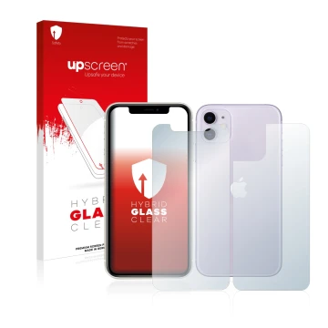 Vorderseite einer Produktverpackung mit dem Markenlogo upscreen. Daneben ist das Gerät Apple iPhone 11 (Display+Rückseite) mit