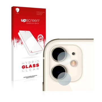 Vorderseite einer Produktverpackung mit dem Markenlogo upscreen. Daneben ist das Gerät Apple iPhone 11 (NUR Kameraschutz) mit 