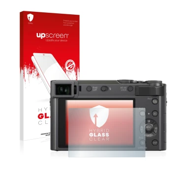 Vorderseite einer Produktverpackung mit dem Markenlogo upscreen. Daneben ist das Gerät Panasonic Lumix DC-TZ200 mit dem zugehö