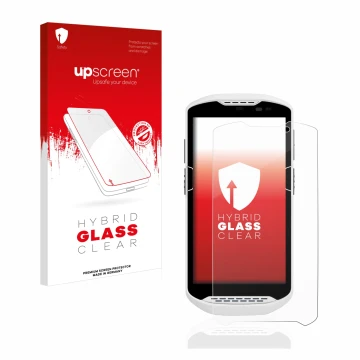 Vorderseite einer Produktverpackung mit dem Markenlogo upscreen. Daneben ist das Gerät Zebra TC57 mit dem zugehörigen Displays