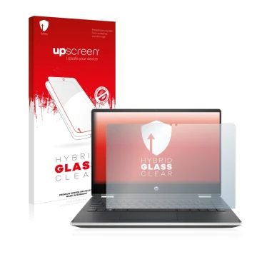 Vorderseite einer Produktverpackung mit dem Markenlogo upscreen. Daneben ist das Gerät HP Pavilion x360 (14-dhX) mit dem zugeh