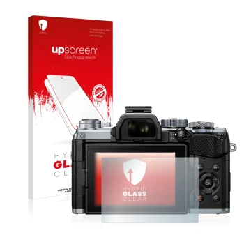 Vorderseite einer Produktverpackung mit dem Markenlogo upscreen. Daneben ist das Gerät Olympus OM-D E-M5 Mark III mit dem zuge