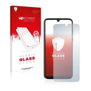Vorderseite einer Produktverpackung mit dem Markenlogo upscreen. Daneben ist das Gerät Motorola Moto G8 Plus mit dem zugehörig