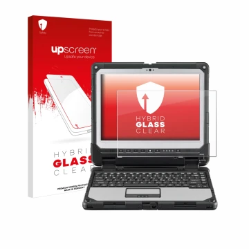 Vorderseite einer Produktverpackung mit dem Markenlogo upscreen. Daneben ist das Gerät Panasonic Toughbook CF-33 mit dem zugeh