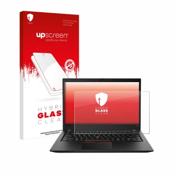 Vorderseite einer Produktverpackung mit dem Markenlogo upscreen. Daneben ist das Gerät Lenovo ThinkPad T490s mit dem zugehörig
