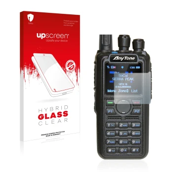 Vorderseite einer Produktverpackung mit dem Markenlogo upscreen. Daneben ist das Gerät AnyTone AT-D878UV mit dem zugehörigen D