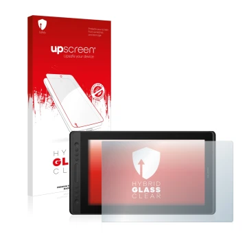 Vorderseite einer Produktverpackung mit dem Markenlogo upscreen. Daneben ist das Gerät Huion Kamvas Pro 16 Premium mit dem zug