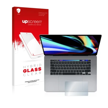 Vorderseite einer Produktverpackung mit dem Markenlogo upscreen. Daneben ist das Gerät Apple MacBook Pro 16
