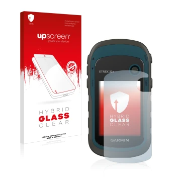 Vorderseite einer Produktverpackung mit dem Markenlogo upscreen. Daneben ist das Gerät Garmin eTrex 22x mit dem zugehörigen Di