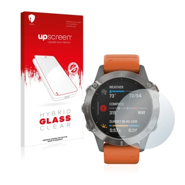 Vorderseite einer Produktverpackung mit dem Markenlogo upscreen. Daneben ist das Gerät Garmin Fenix 6 mit dem zugehörigen Disp