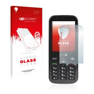 Vorderseite einer Produktverpackung mit dem Markenlogo upscreen. Daneben ist das Gerät Doro 7010 mit dem zugehörigen Displaysc