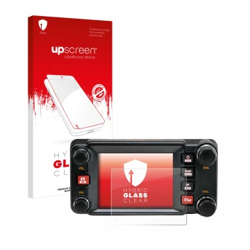 Vorderseite einer Produktverpackung mit dem Markenlogo upscreen. Daneben ist das Gerät Yaesu FTM-400XDR mit dem zugehörigen Di