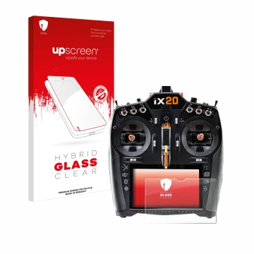 Vorderseite einer Produktverpackung mit dem Markenlogo upscreen. Daneben ist das Gerät Spektrum iX20 mit dem zugehörigen Displ