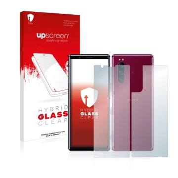 Vorderseite einer Produktverpackung mit dem Markenlogo upscreen. Daneben ist das Gerät Sony Xperia 5 (Display+Rückseite) mit d