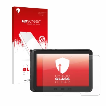 Vorderseite einer Produktverpackung mit dem Markenlogo upscreen. Daneben ist das Gerät Samsung Galaxy Tab Active Pro mit dem z