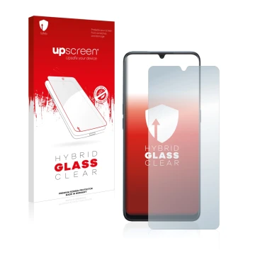 Vorderseite einer Produktverpackung mit dem Markenlogo upscreen. Daneben ist das Gerät Oppo A91 mit dem zugehörigen Displaysch