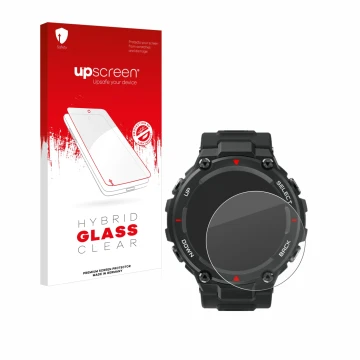 Vorderseite einer Produktverpackung mit dem Markenlogo upscreen. Daneben ist das Gerät Huami Amazfit T-Rex mit dem zugehörigen