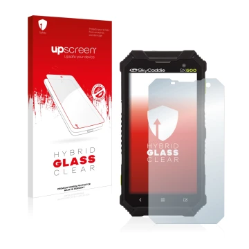 Vorderseite einer Produktverpackung mit dem Markenlogo upscreen. Daneben ist das Gerät SkyCaddie SX500 mit dem zugehörigen Dis
