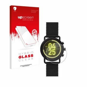 Vorderseite einer Produktverpackung mit dem Markenlogo upscreen. Daneben ist das Gerät Skagen Smartwatch Falster 3 mit dem zug