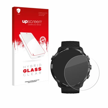 Vorderseite einer Produktverpackung mit dem Markenlogo upscreen. Daneben ist das Gerät Suunto 7 mit dem zugehörigen Displaysch