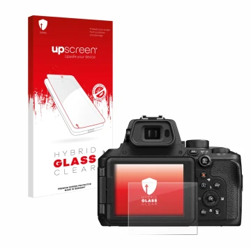 Vorderseite einer Produktverpackung mit dem Markenlogo upscreen. Daneben ist das Gerät Nikon Coolpix P950 mit dem zugehörigen 