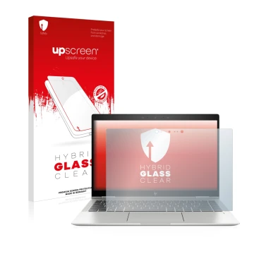 Vorderseite einer Produktverpackung mit dem Markenlogo upscreen. Daneben ist das Gerät HP Elitebook x360 1040 G6 mit dem zugeh