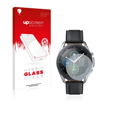 Vorderseite einer Produktverpackung mit dem Markenlogo upscreen. Daneben ist das Gerät Samsung Galaxy Watch 3 (41mm) mit dem z